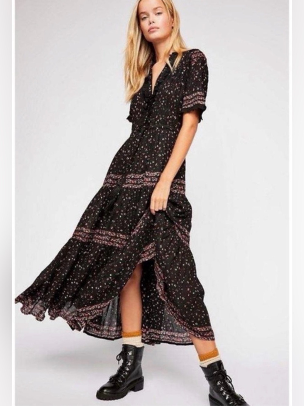 Free People Rare Feeling Maxi Dress Size XS Black Combo Floral Print